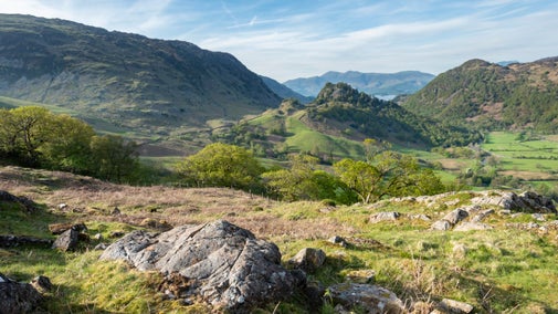 A view of Johnny Wood at Rosthwaite in Borrowdale and Derwent Water, Cumbria